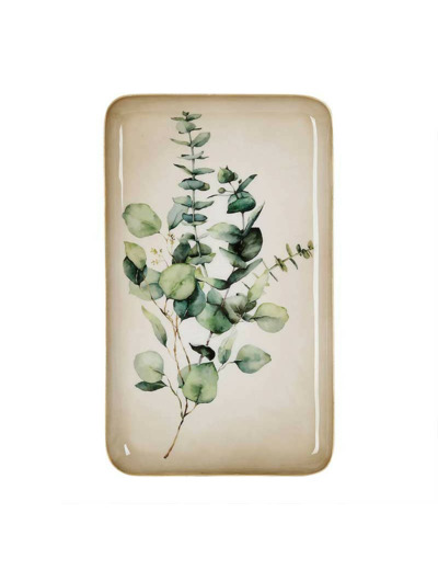 Plateau eucalyptus vert doré métal 15x26x26cm