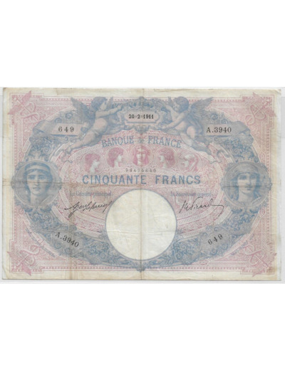 FRANCE 50 FRANCS BLEU ET ROSE SERIE Y.3940 20-2-1911 TB+