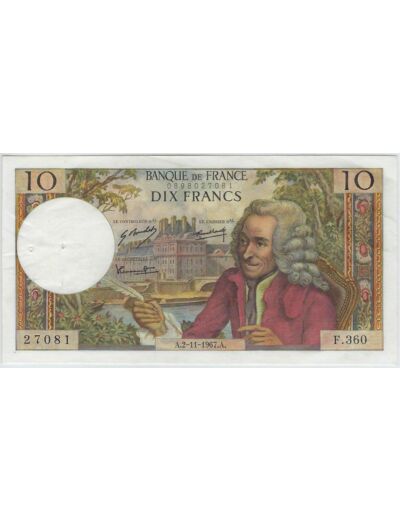 FRANCE 10 FRANCS VOLTAIRE 2-11-1967 F.360 SPL