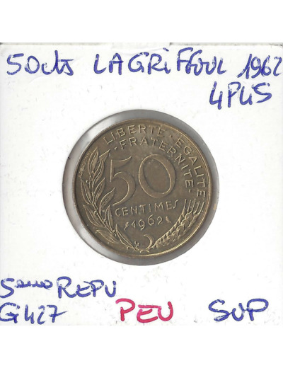 FRANCE 50 CENTIMES LAGRIFFOUL 1962 4 plis PEU SUP