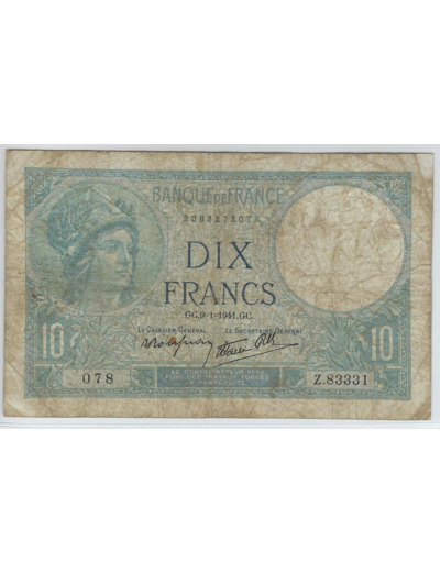 FRANCE 10 FRANCS MINERVE 9-1-1941 SERIE Z.83331 TB