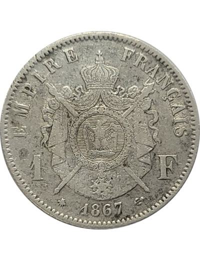 FRANCE 1 FRANC NAPOLEON III tête laurée 1867 A (Paris) TB+ (G463)