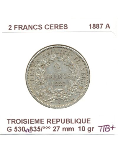 FRANCE 2 FRANCS CERES 1887 A TTB+ N1