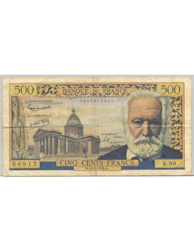 FRANCE 500 FRANCS VICTOR HUGO SERIE K.99 10-7-1958 TB+