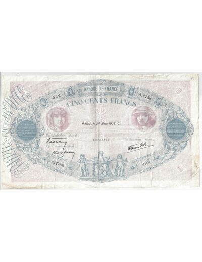 FRANCE 500 FRANCS BLEU ET ROSE 24/03/1938 TB+ A.2758