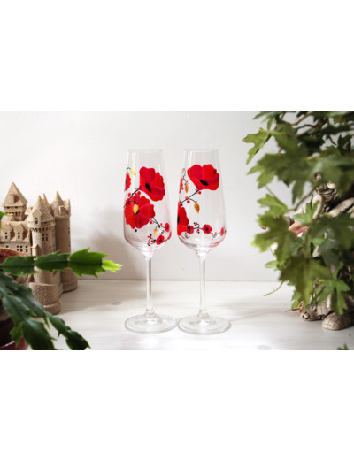 Flutes à champagne en cristal peintes à la main sur le thème champêtre des coquelicots joli cadeau pour un anniversaire de mariage