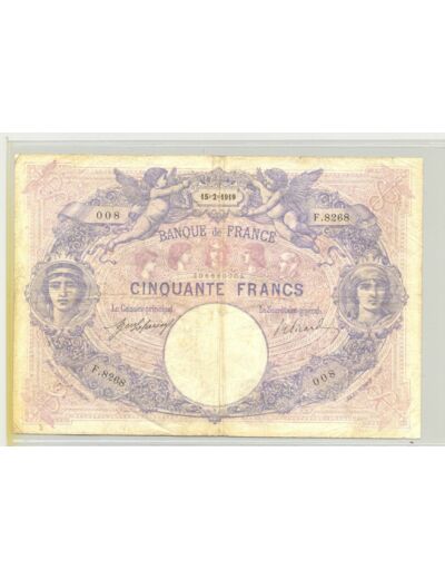 FRANCE 50 FRANCS BLEU ET ROSE15 02 1919 SERIE F.8268 TB+