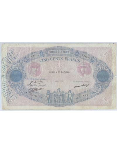 FRANCE 500 FRANCS BLEU ET ROSE 16 AVRIL 1928 S.1122 TB+ manque