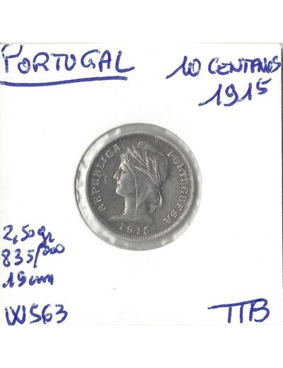 PORTUGAL 10 CENTAVOS 1915 TTB