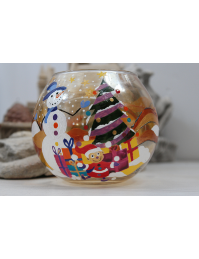 Joli photophore peint à la main sur le thème de Noël, des lutins, bonhomme de neige, pièce unique très colorée - bougie flottante -
