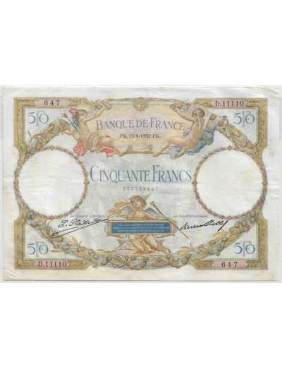 FRANCE 50 FRANCS L.O. MERSON SERIE D.11110 15-9-1932 TTB+