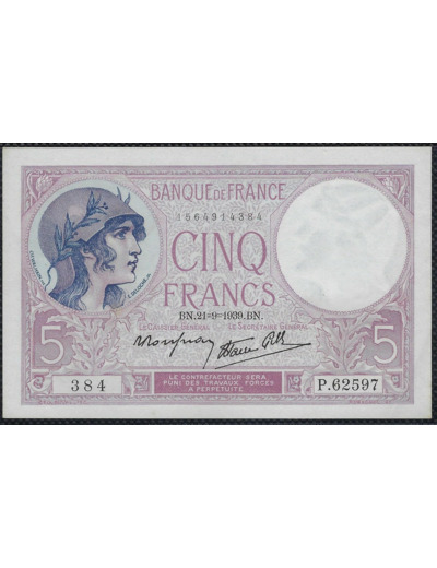 FRANCE 5 FRANCS VIOLET 21-9-1939 P.62597 SPL F.04/09