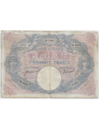 FRANCE 50 FRANCS BLEU ET ROSE SERIE M.4378 30-7-1912 TB