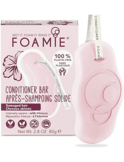 Foamie Après-Shampoing solide pour cheveux secs et abîmés à l'hibiscus qui répare les cheveux, démêlant cheveux 100% vegan et sans plastique 80g Hibiscus pour Cheveux Abîmés