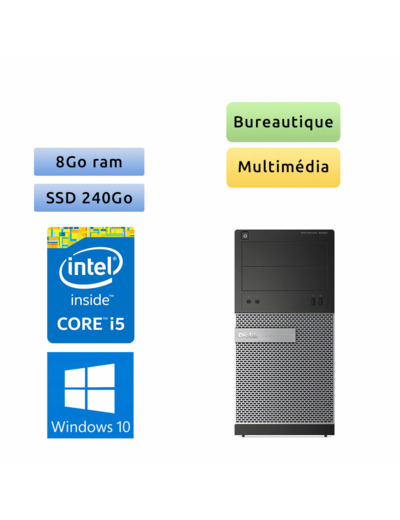 Dell Optiplex 3020 MT - Windows 10 - i5 8Go 240Go SSD - Ordinateur Tour Bureautique PC