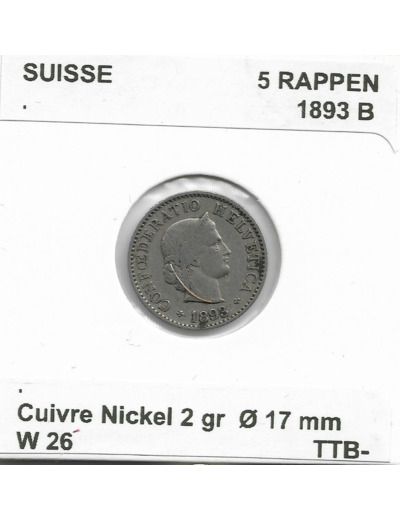 SUISSE 5 RAPPEN 1893 B TTB-