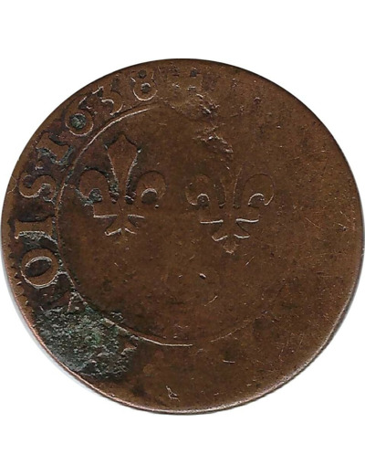 LOUIS XIII (1610-1643) DOUBLE TOURNOIS 1638 SANS DIFFERENTS B+