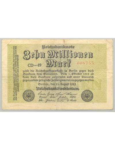 ALLEMAGNE 10 MILLION MARK 22-08-1923 SERIE CD-49 TTB