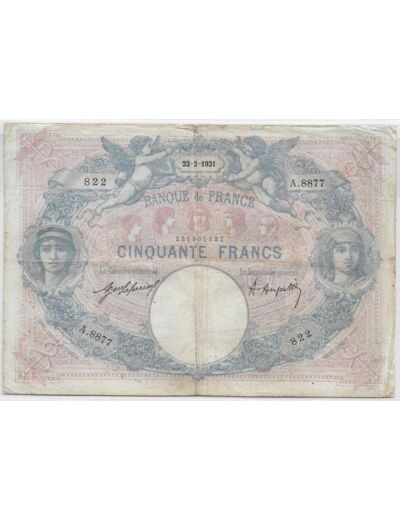 FRANCE 50 FRANCS BLEU ET ROSE SERIE A.8877 22-2-1921 TB+