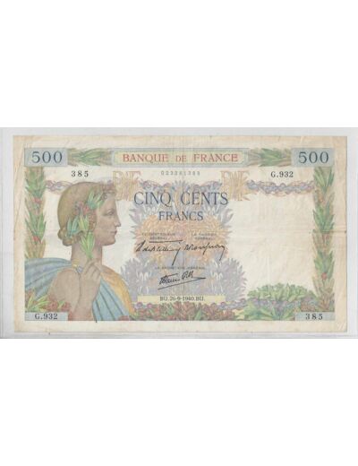 FRANCE 500 FRANCS LA PAIX 26-9-1940 G.932 TTB