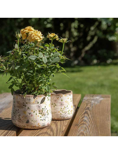 Pot fleuri champêtre beige jaune 14x12cm