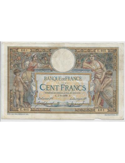 FRANCE 100 FRANCS L.O.M AVEC LOM SERIE E.405 1-9-1908 TB+