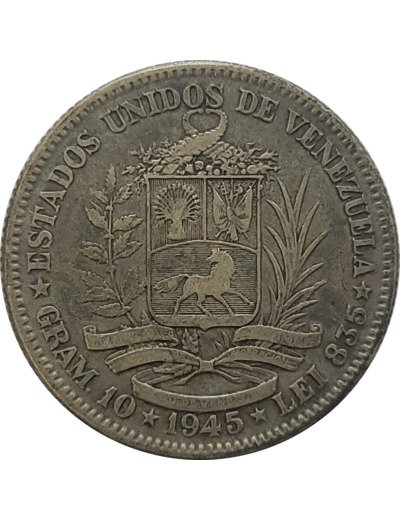 VENEZUELA 2 BOLIVARES ARGENT 1945 TB+ (KM23a)