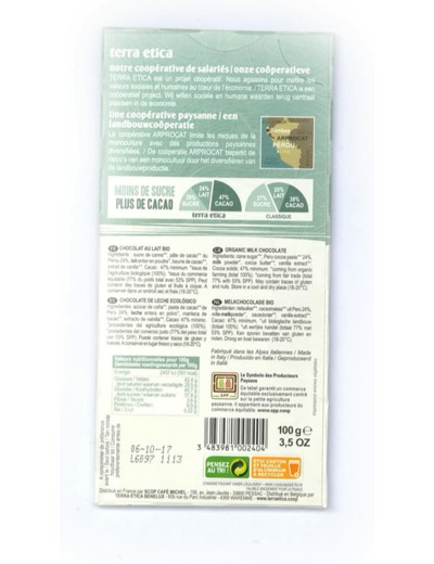 Chocolat lait Perou 47% 100g Terra Etica
