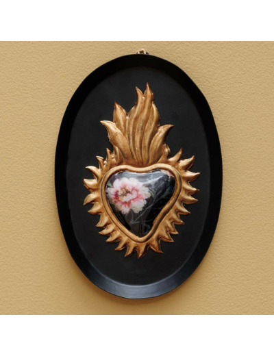 Cadre ovale Ex-voto fleuri noir doré 14x20cm