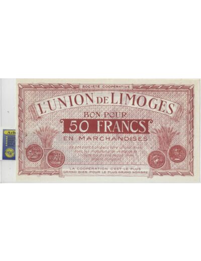 87 HAUTE VIENNE L'UNION DE LIMOGES BON POUR 50 FRANCS EN MARCHANDISE