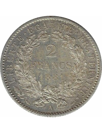 FRANCE 2 FRANCS CERES 1881 A (Paris) SUP