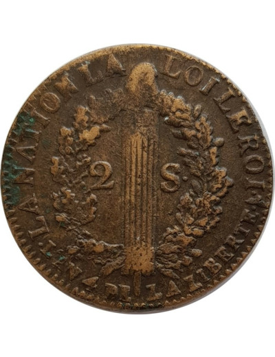 FRANCE LOUIS XVI 2 SOLS FRANÇOIS 1792 W (Lille) AN 4 2ème semestre TB+