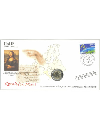 ENVELOPPE PHILATELIQUE NUMISMATIQUE CONSEIL EUROPE 2 EURO ITALIE 2002