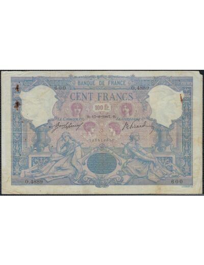 FRANCE 100 FRANCS BLEU ET ROSE 17-8-1907 O.4889 TB