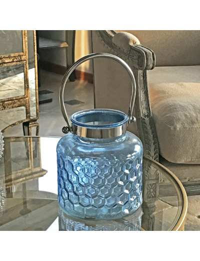 Lanterne verre bleu à anse chromée 18x20cm