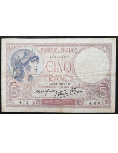 FRANCE 5 FRANCS VIOLET 2-11-1939 T.65690 TB+ F 04/14