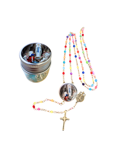 Chapelet Perles verre 2/3mm sur Chaine Argentée - ND de LOURDES