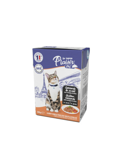 Repas Plaisir Chat, Casserole de POULET en sauce avec tomates et olives - 190g