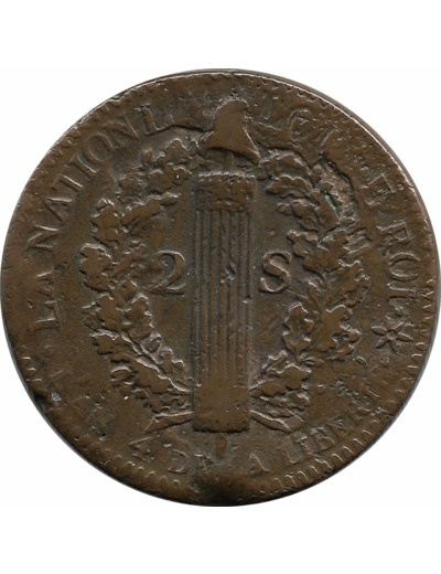 FRANCE LOUIS XVI 2 SOLS FRANÇAIS 1792 BB (Strasbourg) TB+