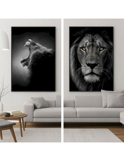 Ensemble 2 Tableaux Lions Verre Trempé Noir Blanc 80x4x120cm