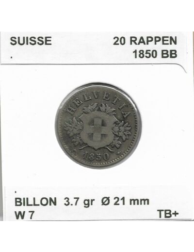 SUISSE 20 RAPPEN 1850 BB TB+