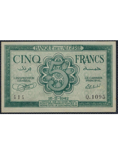 ALGERIE 5 FRANCS 16-11-1942 SERIE Q.1095 SPL (Pick91)