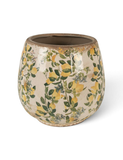 Pot de fleurs d'intérieur beige jaune céramique motifs citrons 8x17cm