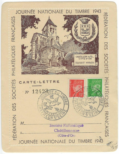 LETTRE 12423 JOURNEE NATIONALE DU TIMBRE 1943 CHATILLON SUR SEINE 10 10 1943