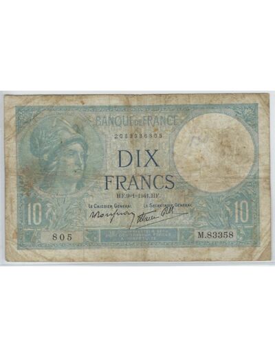 FRANCE 10 FRANCS MINERVE 9-1-1941 SERIE M.83358 TB