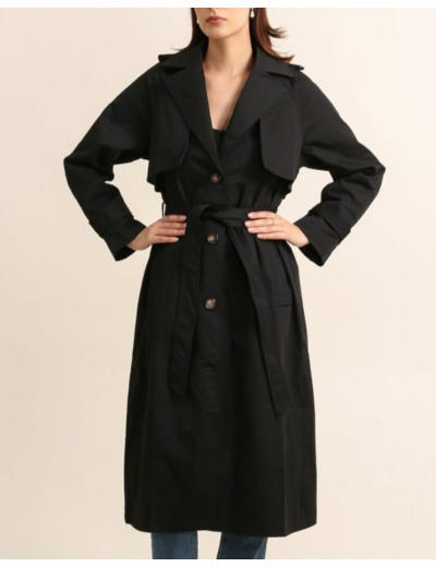 Trench noir long femme – manteau ceinturé chic et intemporel