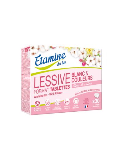 30 tablettes lessive spéciale blanc et couleur Fleur de coton 900g