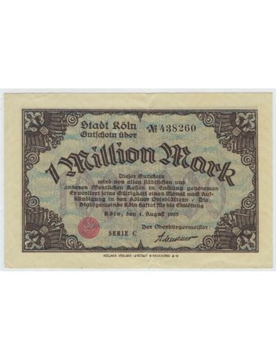 ALLEMAGNE ( KOLN ) 1 MILLION MARK SERIE C 01-08-1923 TTB