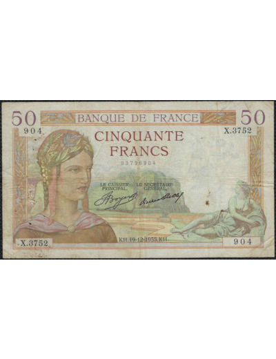 FRANCE 50 FRANCS CERES 19-12-1935 X.3752 TB+