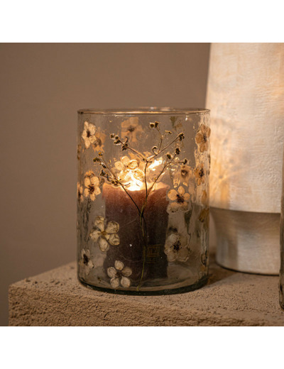 Photophore motifs fleurs verre Gresa blanc 14x14x20cm
